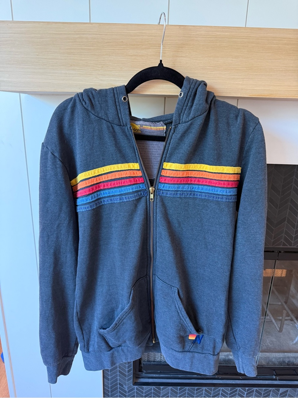 Aviator Nation 5 Stripe Heathered Navy Gray Rainbow Full Zip Hoodie